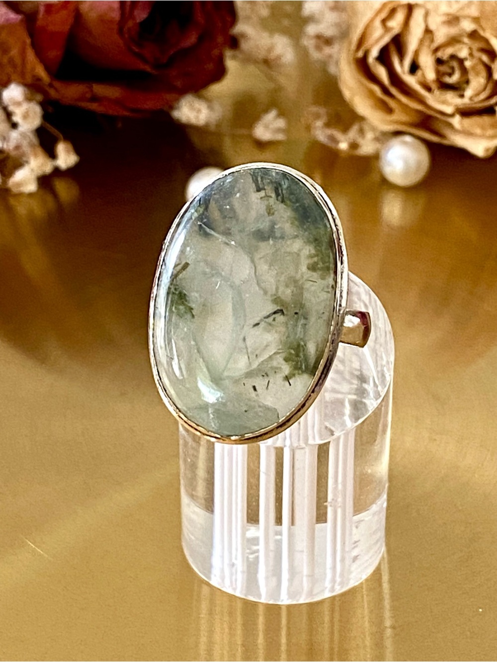Natural Prehnite Hand Crafted Ring Size 9